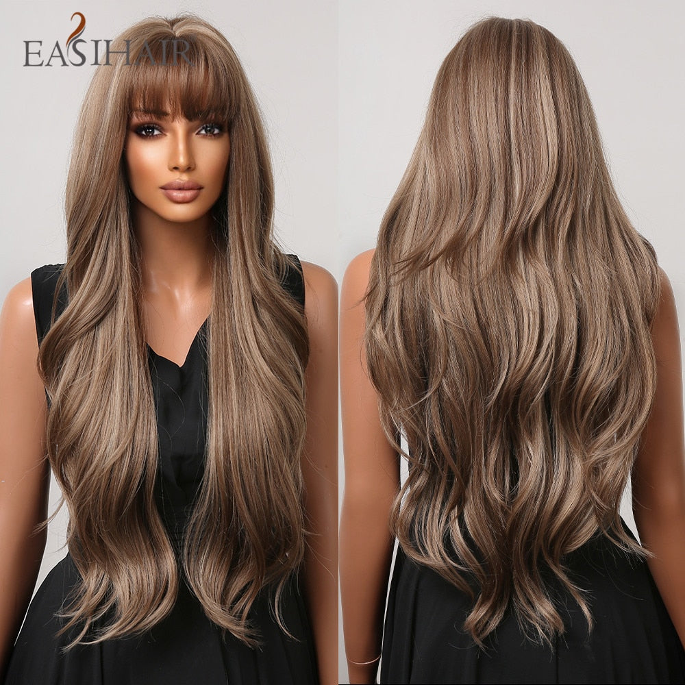 Long wavy synthetic wig with brown, gray, and ash ombre tones, middle part, suitable for cosplay and daily wear by women.