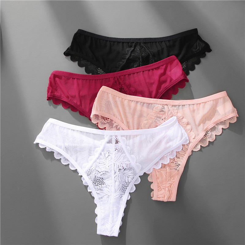 Three lace G-string panties from The Clothing Company Sydney, soft lingerie thongs in a set, featuring delicate lace details.