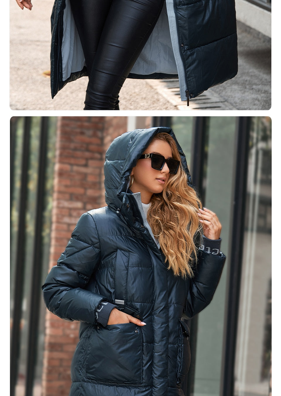 Women's down jacket with long design, hood, stand collar, slim fit, large pockets, and classic zipper from The Clothing Company Sydney