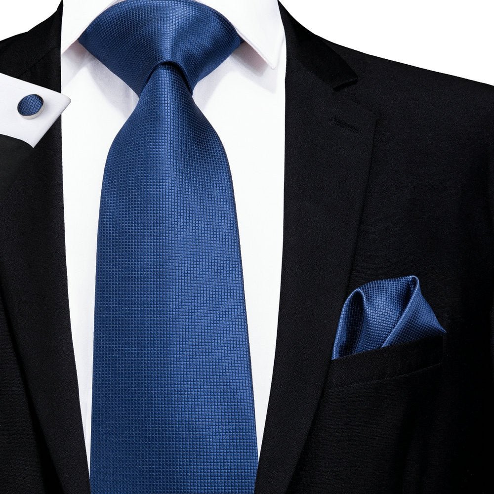 Blue silk business tie with dot pattern, plaid design, and matching cufflinks, 150cm, from The Clothing Company Sydney.