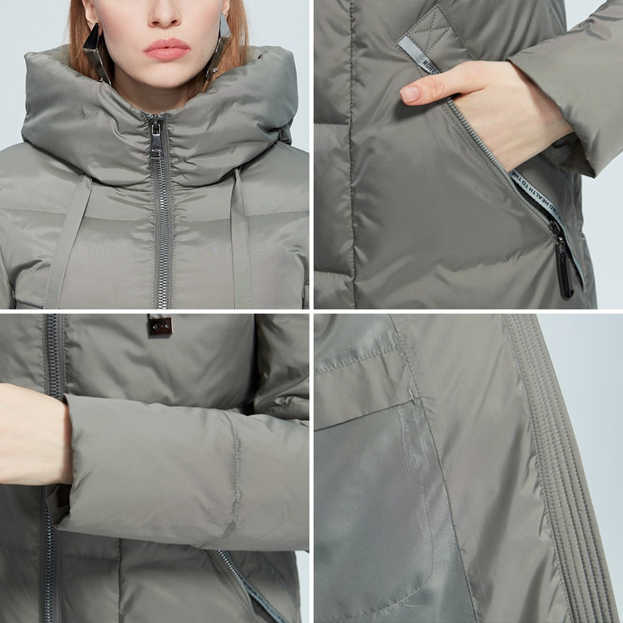 Women's winter jacket with stand collar, hood, and large pockets, windproof and cold protection parka by The Clothing Company Sydney