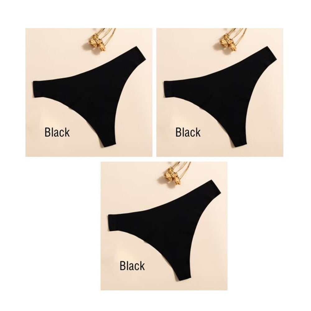 Three-pack of ultra-thin, seamless solid color ladies G-string thong panties from The Clothing Company Sydney, showing smooth fit and fabric.