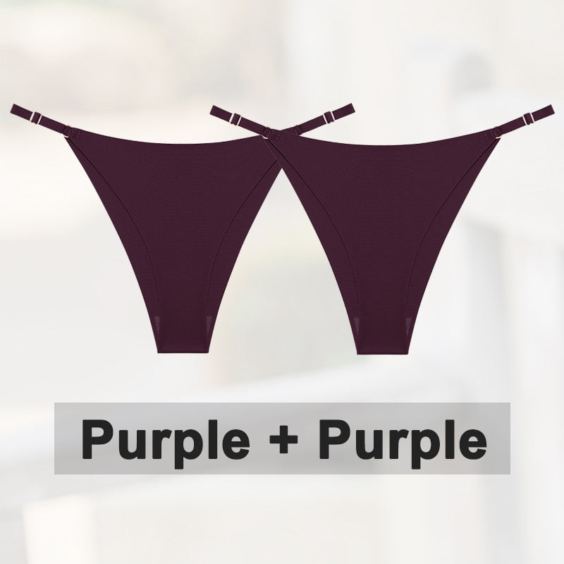 Two seamless silky G-string thongs with adjustable waistbands, low-rise style, and hipster design from The Clothing Company Sydney.