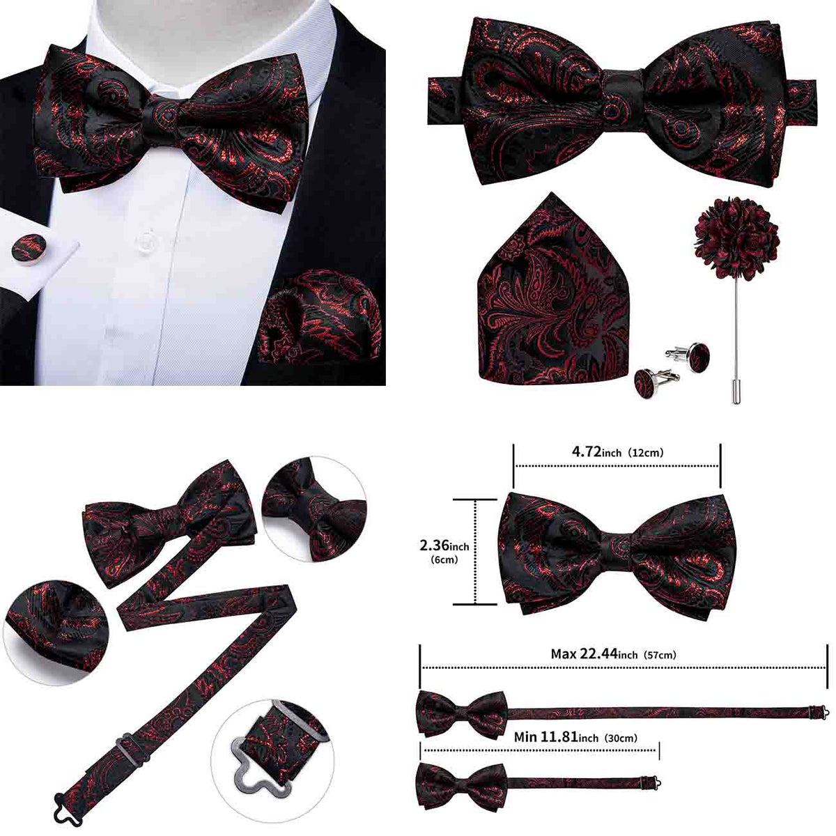 Classic red pre-tied wedding bow tie for men with cufflinks and corsage set, silk butterfly knot, from The Clothing Company Sydney.