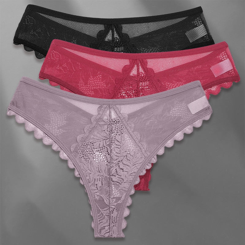Three lace G-string panties from The Clothing Company Sydney, soft lingerie with feminine thongs and intimate underwear set.
