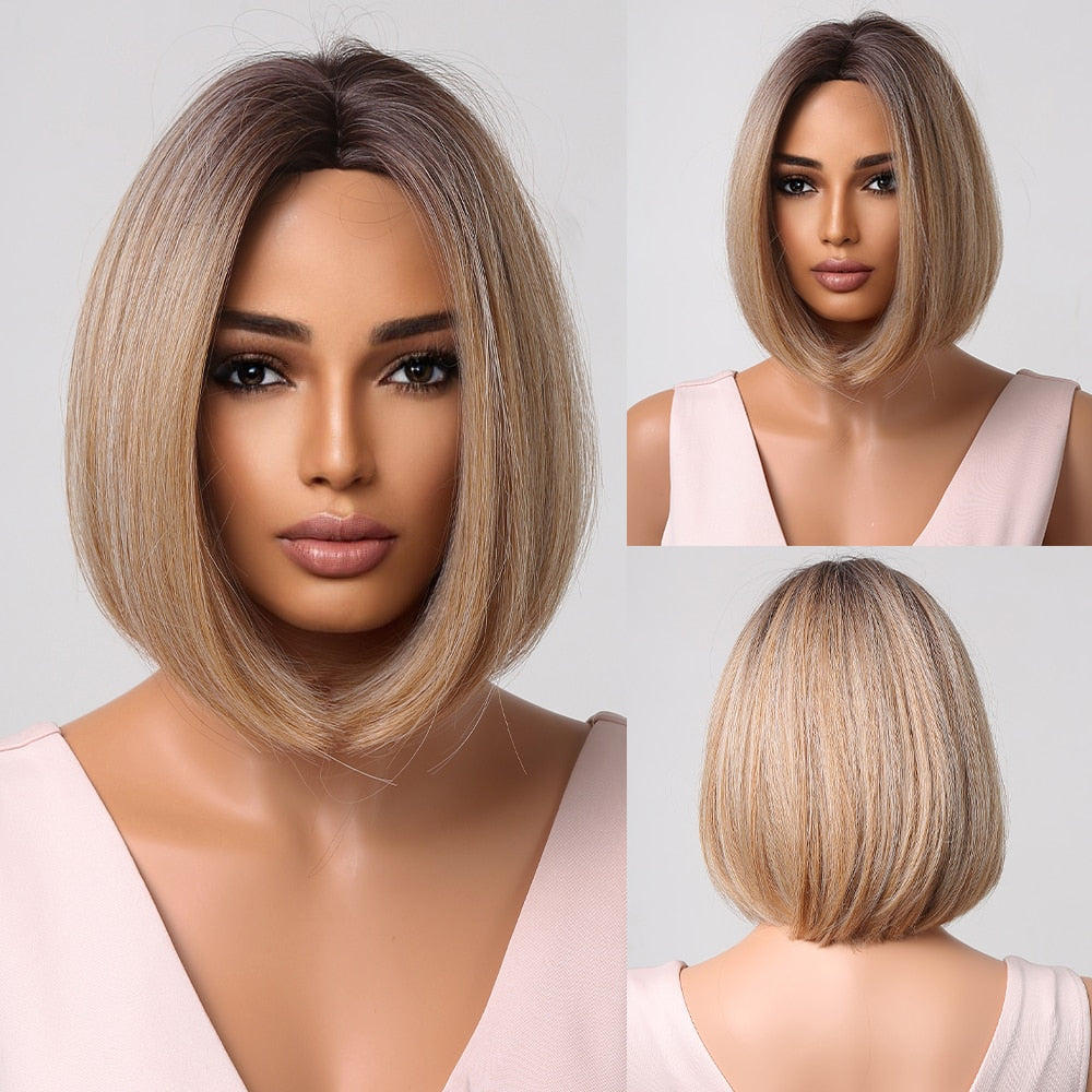 Blonde to brown ombre short straight synthetic wig with bangs, ideal for cosplay or daily wear, heat-resistant hair accessory.