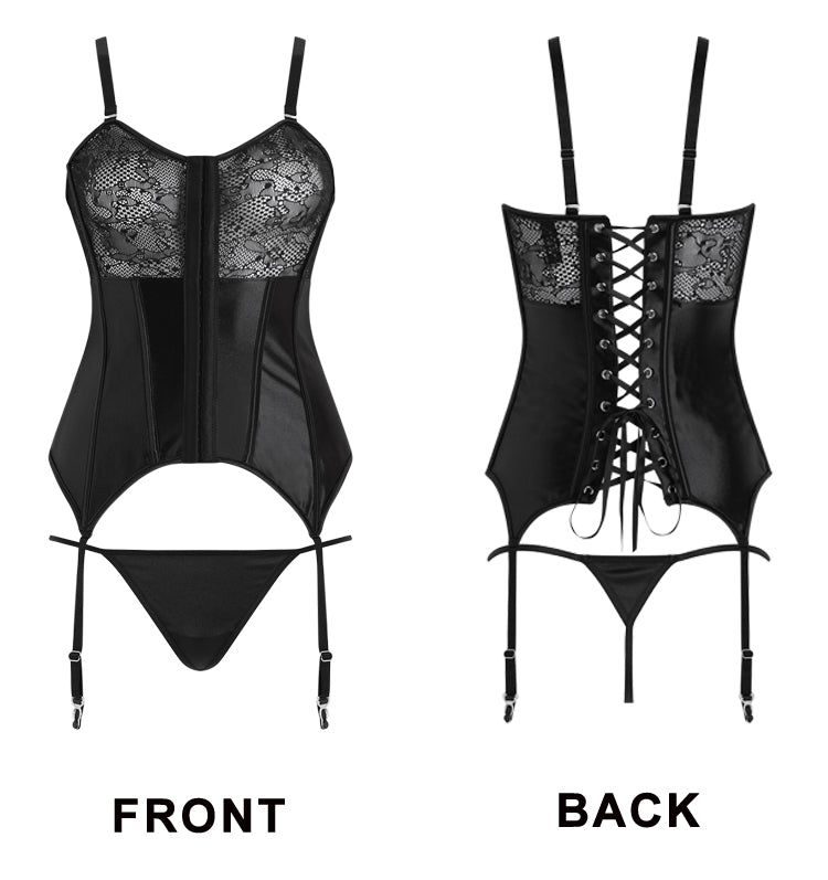 Strappy lingerie set with push-up corset, shapewear bra, G-string, from The Clothing Company Sydney, featuring a sleek, fitted design.