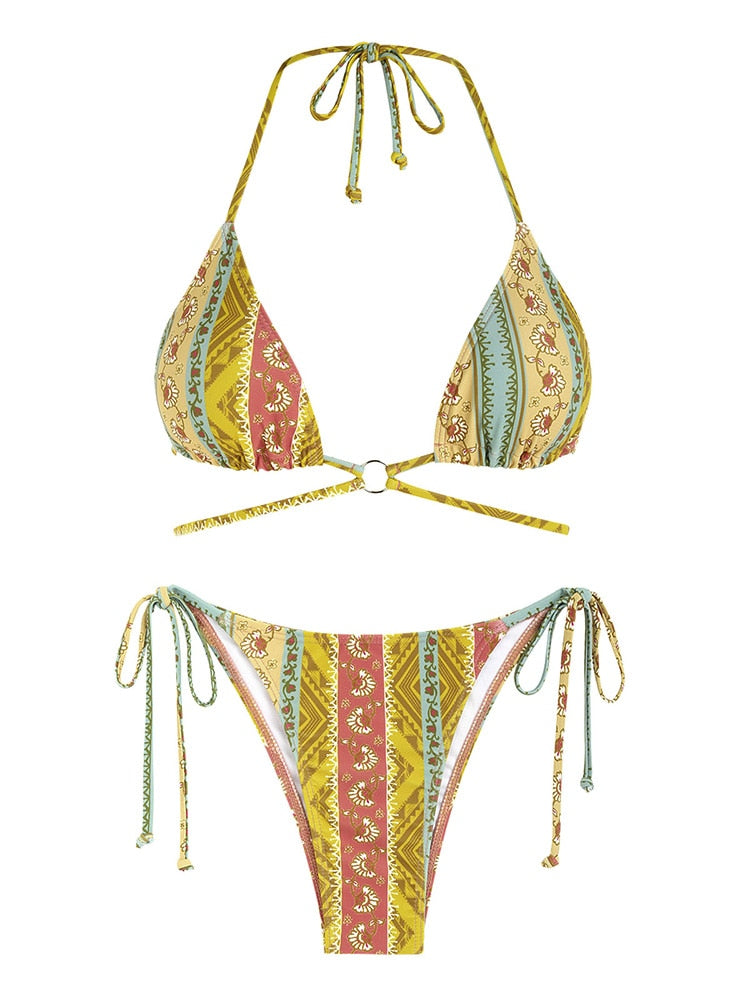 Two-piece ribbed bohemian paisley print bikini set with halter top and tie side bottoms, by The Clothing Company Sydney.