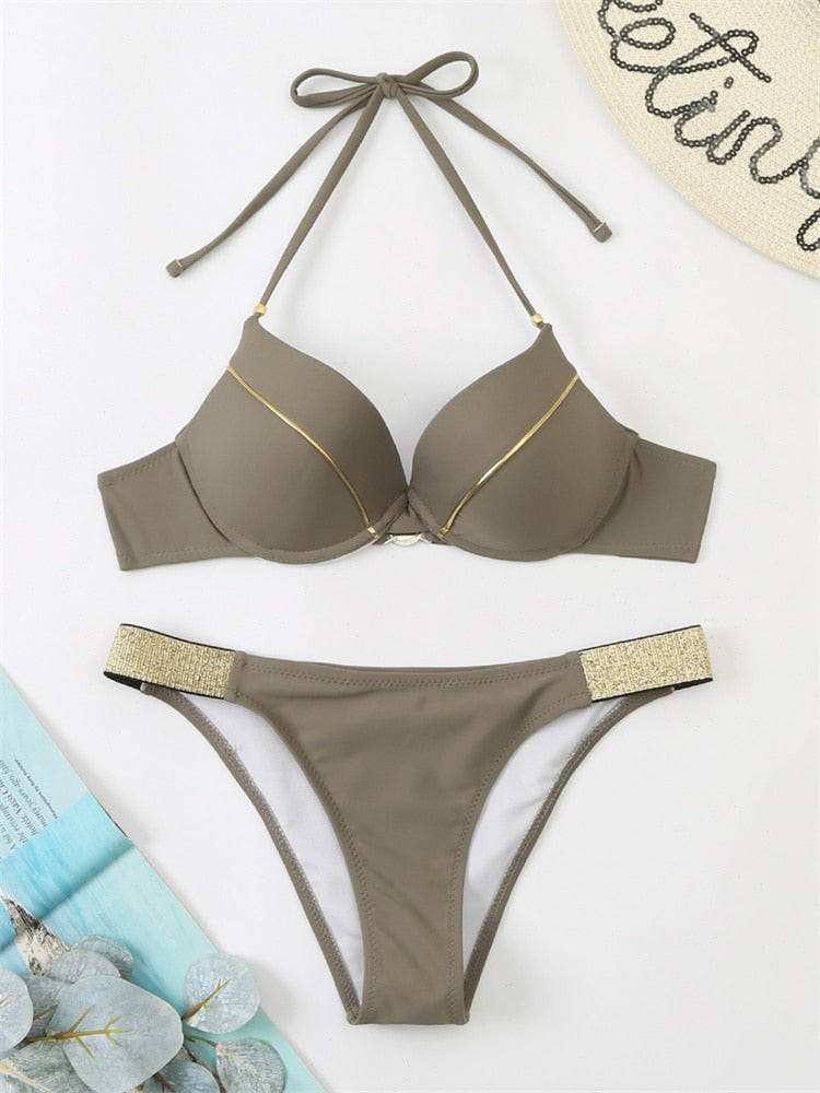 Black leopard print bikini set with tassel details, push-up design, and Brazilian style for summer beachwear by The Clothing Company Sydney.