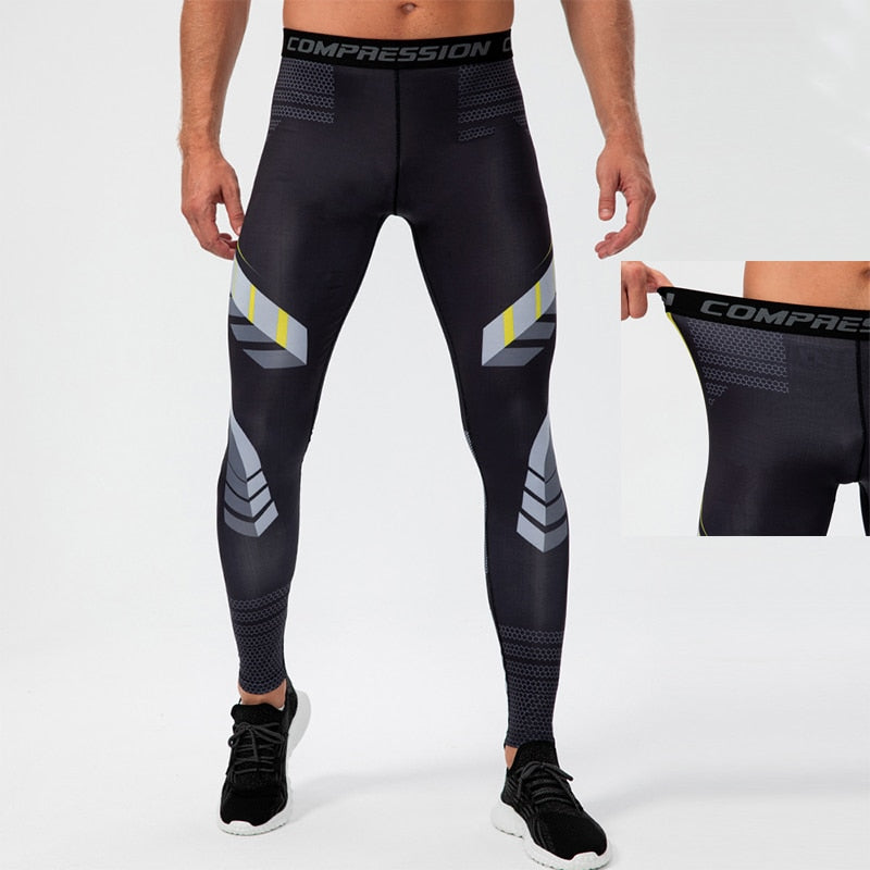 Men's running compression leggings by The Clothing Company Sydney, quick-drying stretchy sports tights with print for gym and training.