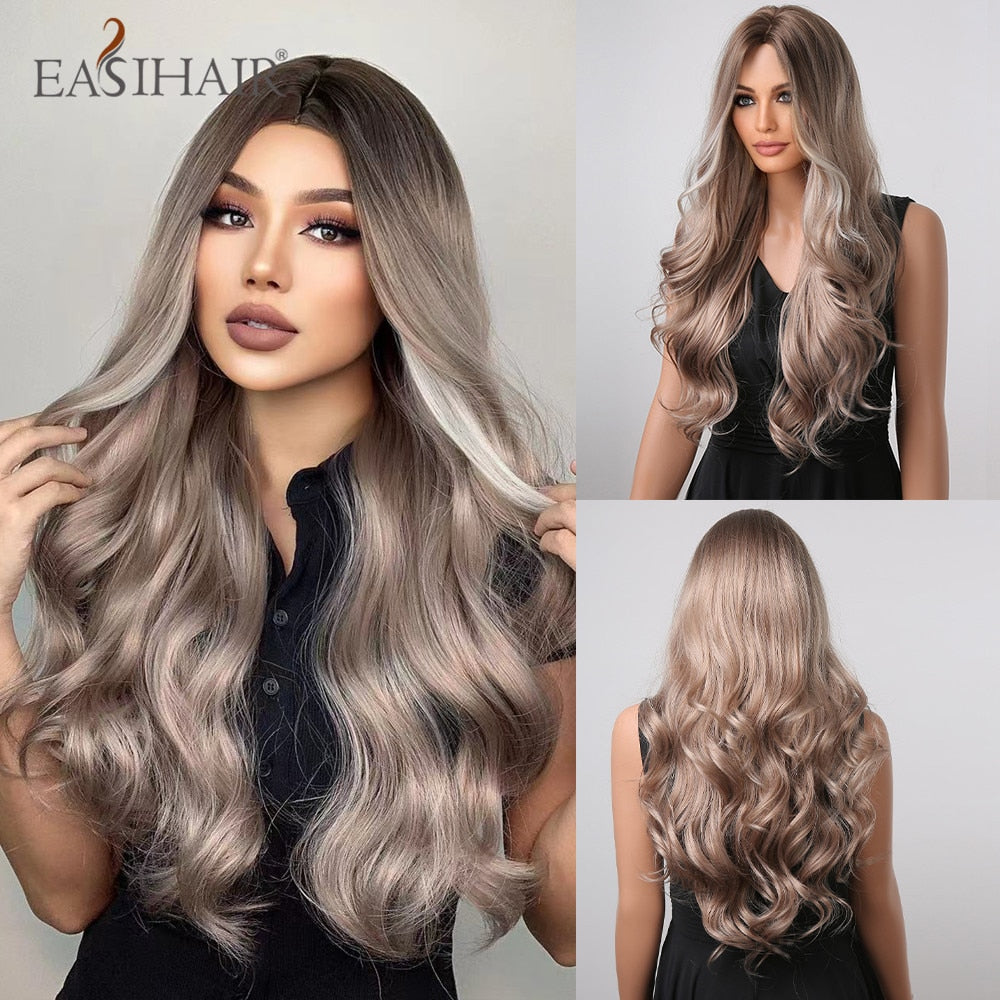 Long wavy synthetic wig with ombre brown, gray, and blonde shades, featuring a middle part, designed for women’s cosplay and daily wear.