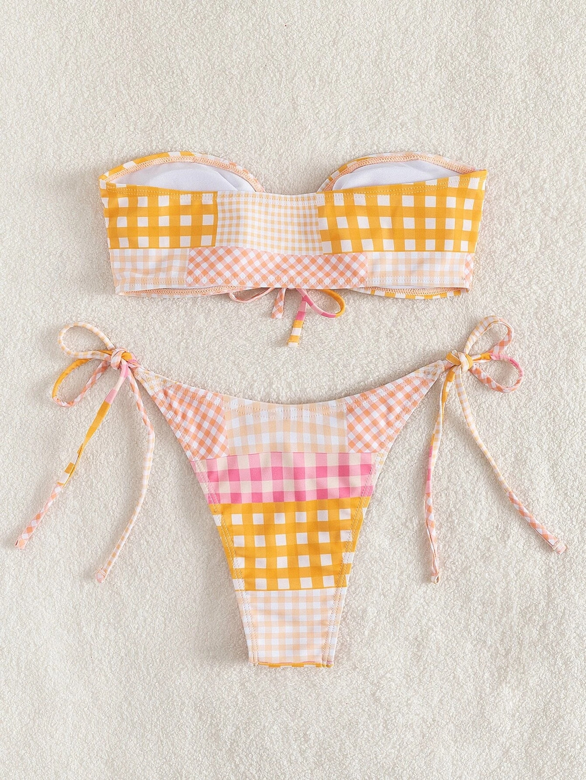 Two-piece plaid bandeau bikini swimsuit from The Clothing Company Sydney with drawstring detail, perfect for summer beachwear.