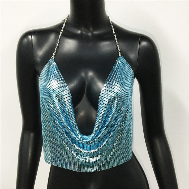 Metal sequined tank top by The Clothing Company Sydney, gold and silver backless cropped glitter camisole for summer beach and club wear