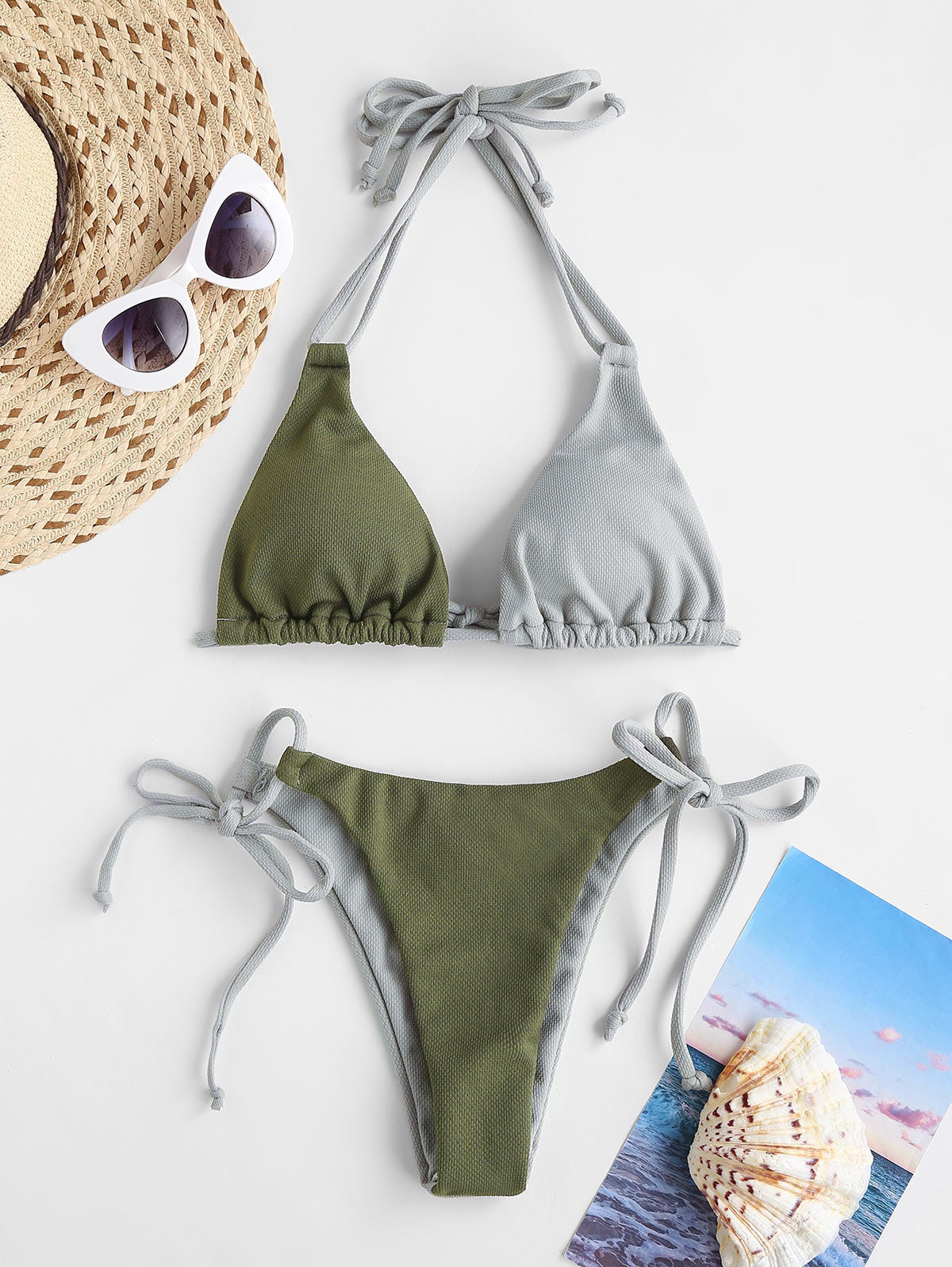 Color block textured micro G string bikini set by The Clothing Company Sydney, featuring halter design and two-piece swimwear for beach or pool.