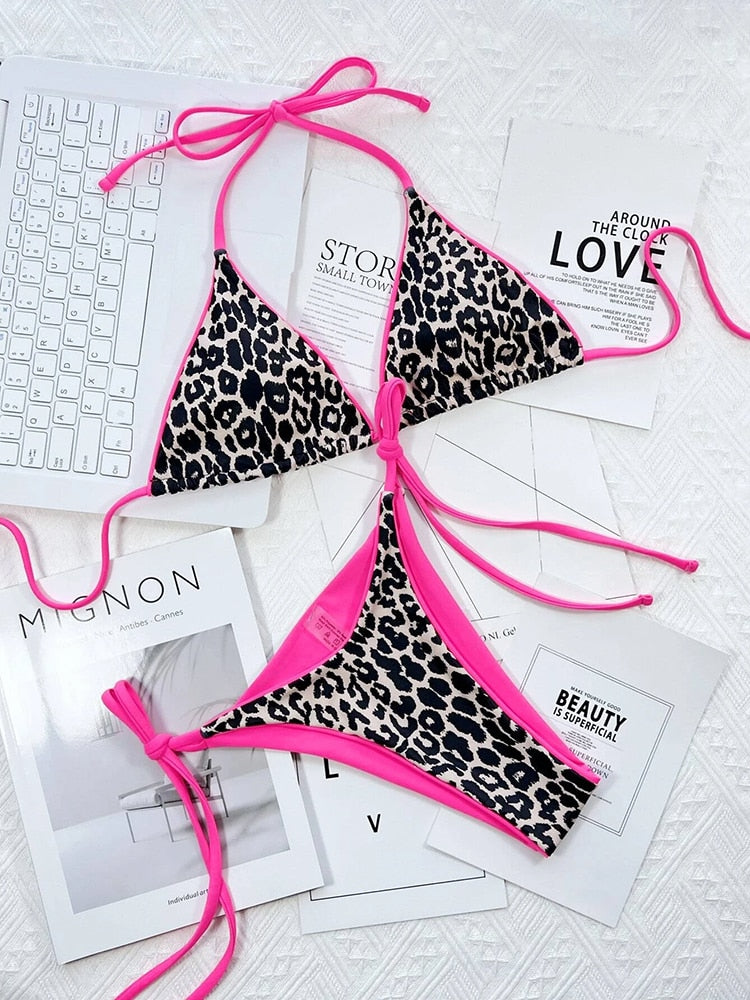 Leopard print bikini swimsuit with push-up top, halter style, from The Clothing Company Sydney, suitable for beach and swimming.