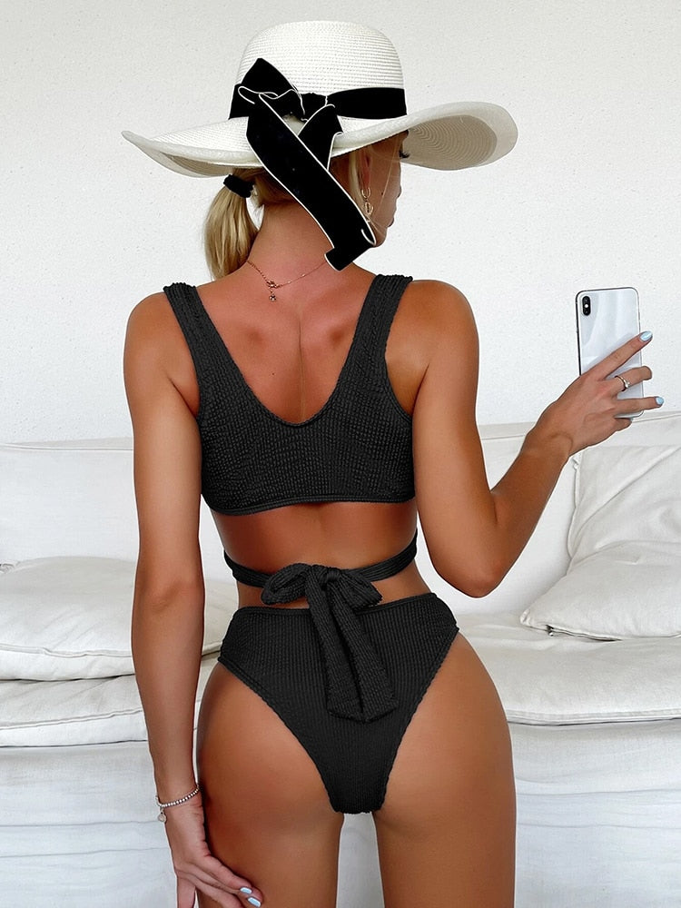 Metal ring textured bikini swimwear by The Clothing Company Sydney, featuring push-up design and bandage style for beach wear.