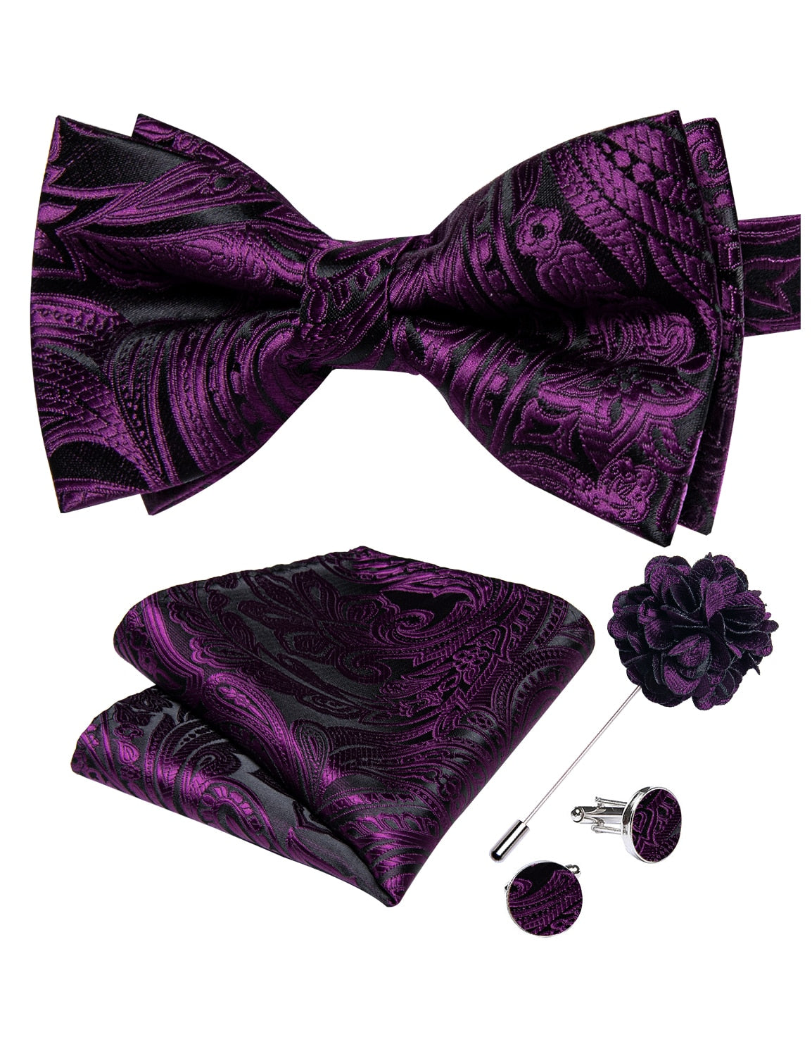 Red pre-tied wedding bow tie set with cufflinks and corsage, silk butterfly knot accessory for men's formal occasions.