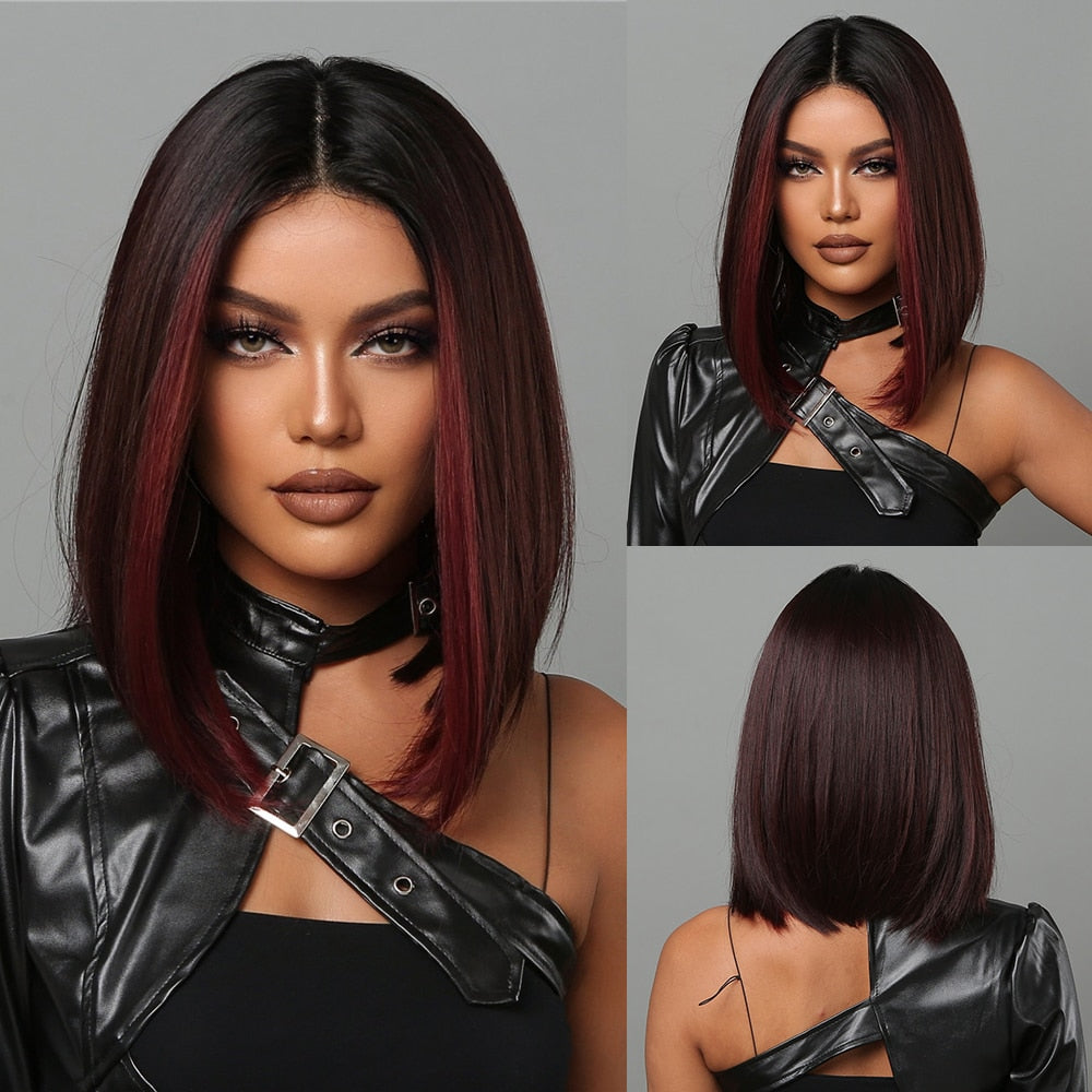 Blonde to brown ombre straight synthetic wig with bangs for women, featuring a bob style, heat-resistant design, suitable for daily wear or cosplay