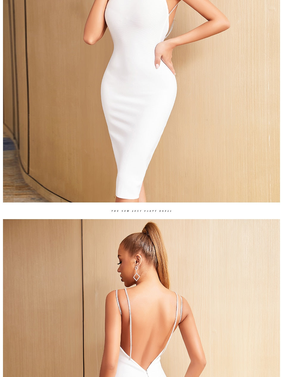 Backless summer spaghetti strap bandage dress with diamond accents, perfect for evening parties and runway events by The Clothing Company Sydney