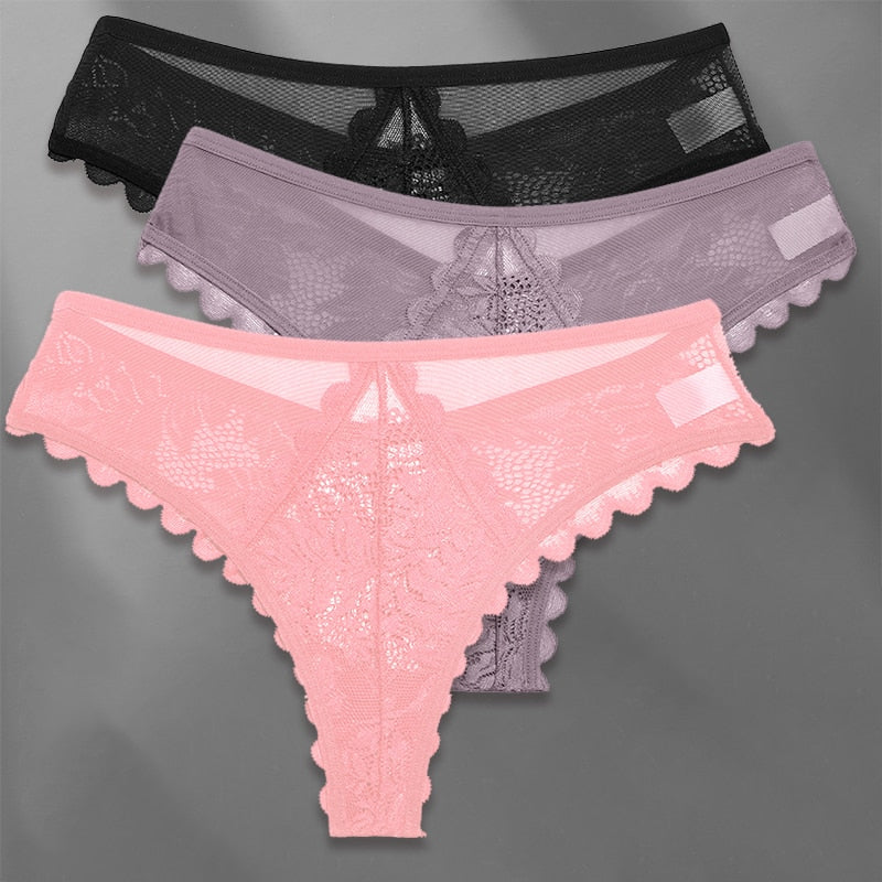 Three-pack lace G-string panties from The Clothing Company Sydney, soft lingerie thongs with delicate lace details.