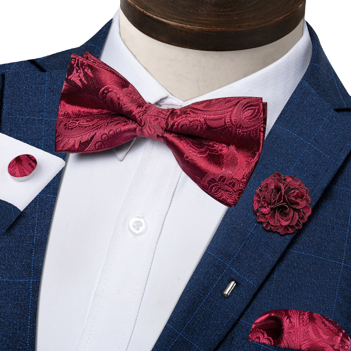 Classic red pre-tied wedding bow tie set with cufflinks and corsage, silk butterfly knot, perfect for men's accessories and parties.