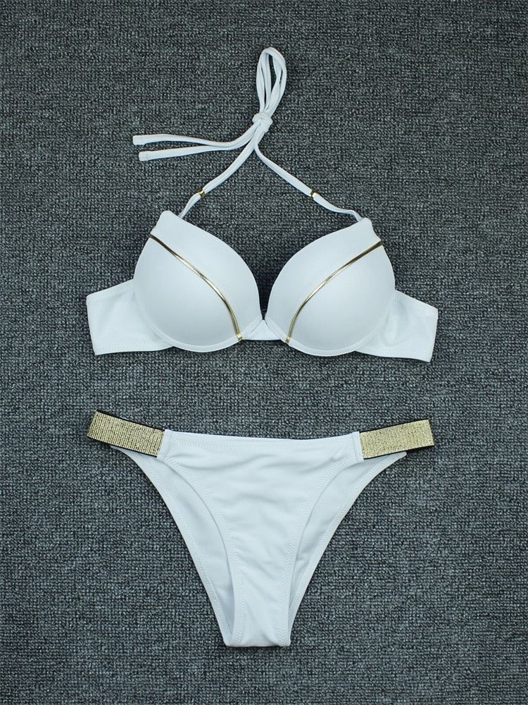 Black leopard print bikinis set with tassels, push-up style, featuring two-piece swimwear from The Clothing Company Sydney.