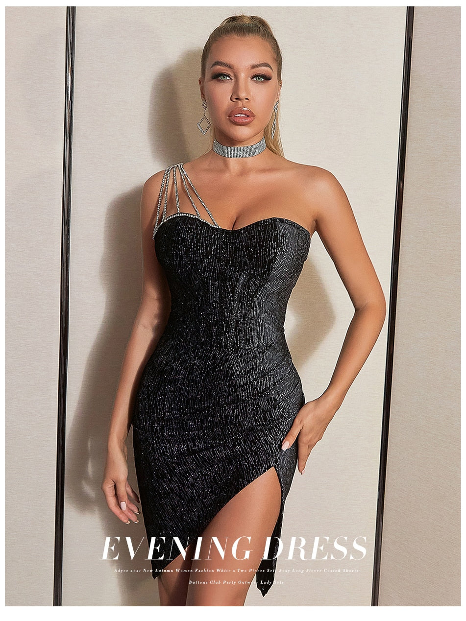 Women’s one-shoulder sequins party dress by The Clothing Company Sydney, sleeveless evening dress for summer nights and clubs.