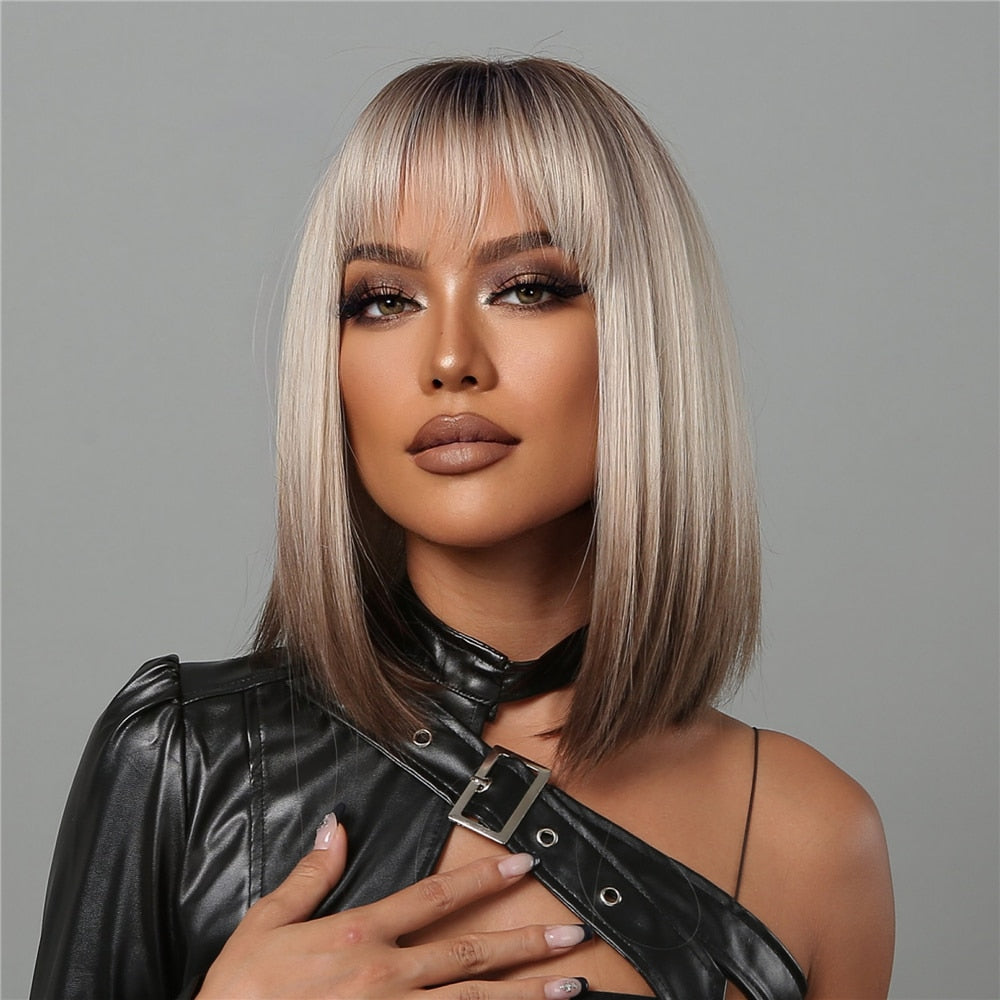 Blonde to brown ombre short straight synthetic wig with bangs for women, heat resistant and suitable for cosplay or daily wear.