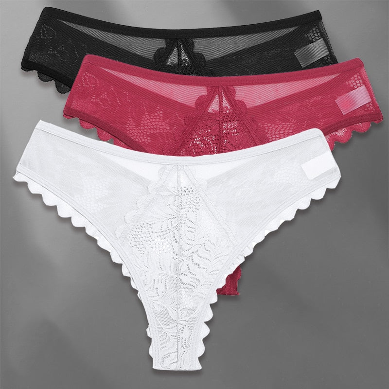 Three lace G-string panties from The Clothing Company Sydney, soft lingerie thongs in a set, featuring delicate lace and comfortable fit.