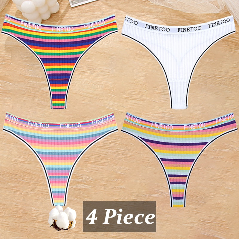 Colorful striped women's cotton G-strings and rainbow thongs from The Clothing Company Sydney, soft breathable lingerie set.