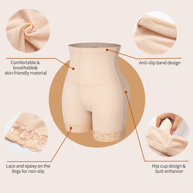 Women's high waist seamless shaping underwear with padded butt lifter and hip enhancer, designed to lift and shape the buttocks.
