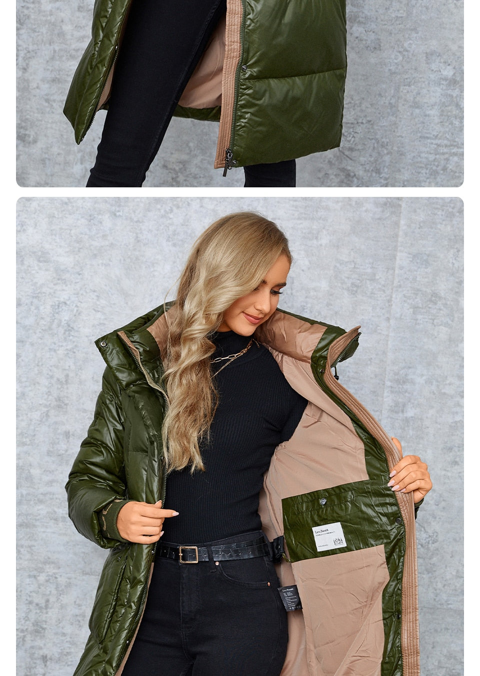 Women's down jacket by The Clothing Company Sydney featuring a long slim design, stand collar, hood, and large pockets.