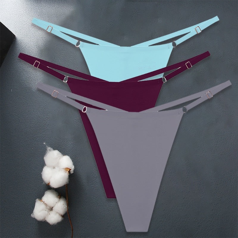 Three-pack seamless women G-string underwear by The Clothing Company Sydney featuring adjustable straps and ice silk lingerie.