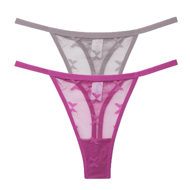 Two pack of transparent mesh G-string panties from The Clothing Company Sydney, seamless women's lingerie with minimal coverage.