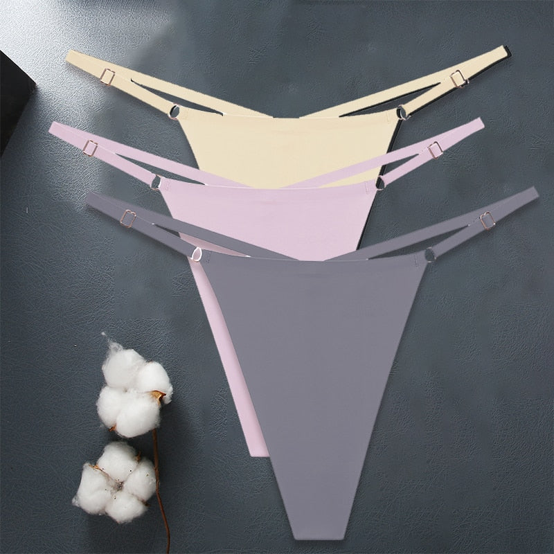 Three seamless women's G-string panties from The Clothing Company Sydney featuring adjustable straps and ice silk fabric.