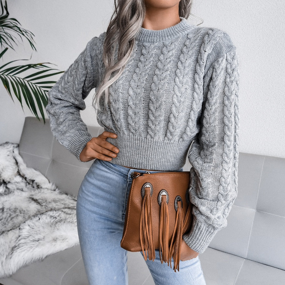 Women's long sleeve twist neck knit crop sweater by The Clothing Company Sydney, featuring a slim fit and stylish autumn winter design.