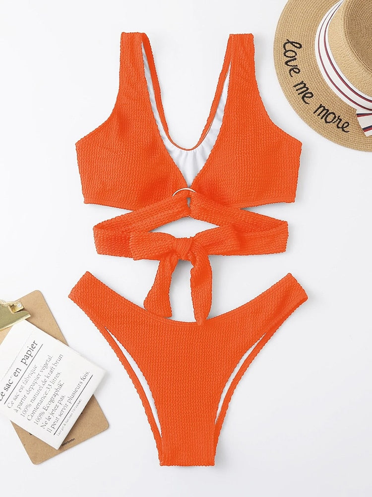 Metal ring textured bikini swimsuit from The Clothing Company Sydney featuring bandage style push-up top and matching bottom.