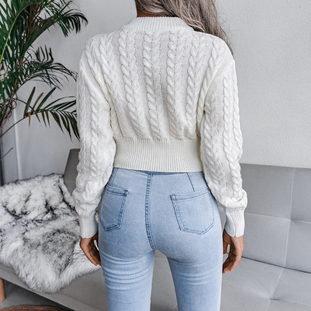 Women's long sleeve twist neck knit crop sweater by The Clothing Company Sydney, featuring a slim fit, cozy autumn winter jumper top.