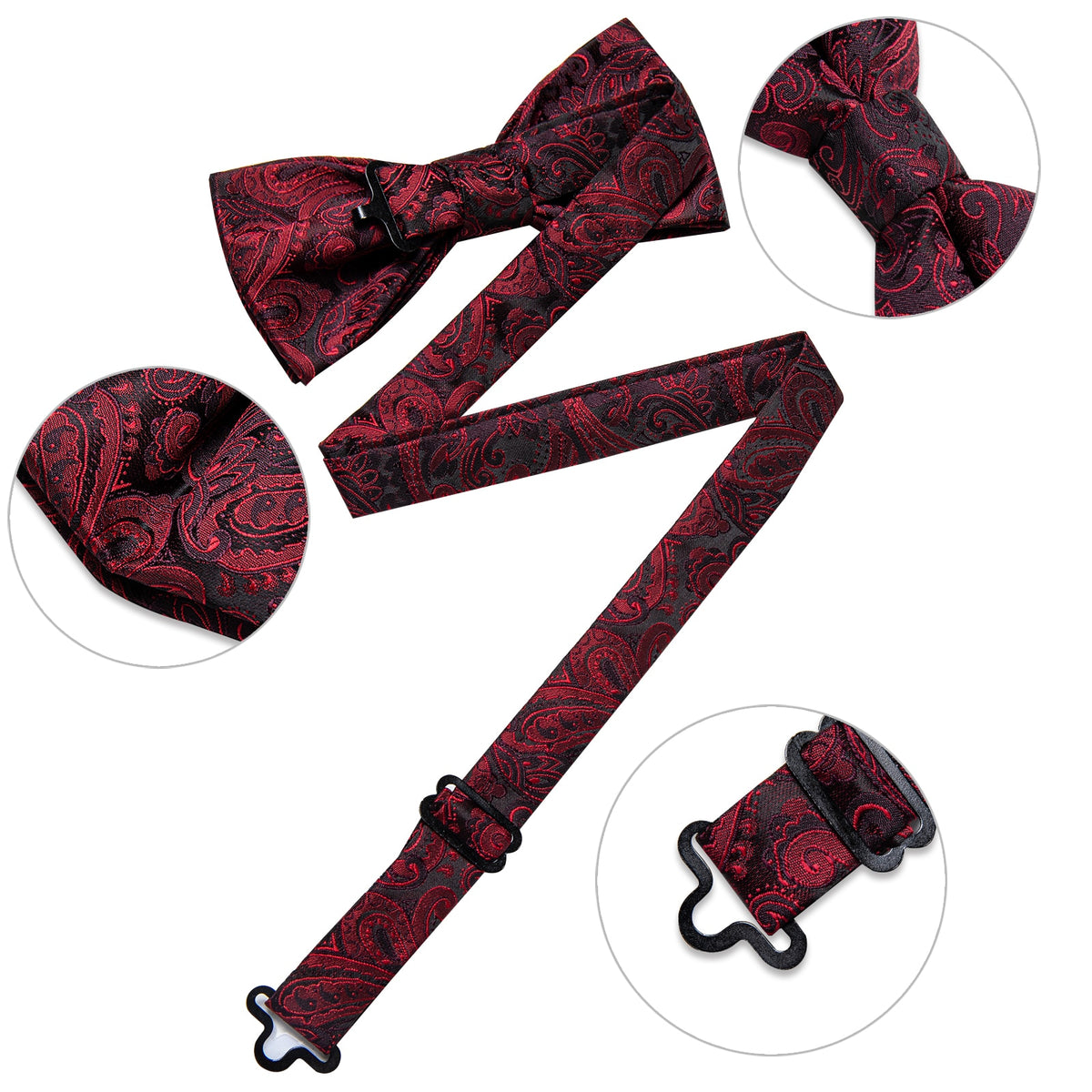 Red pre-tied wedding bow tie for men with matching cufflinks and corsage set, silk butterfly knot accessory for formal parties.