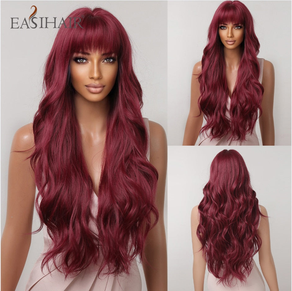 Long, natural-looking brown and blonde synthetic wig with bangs, wavy style ideal for daily wear or cosplay, heat resistant.
