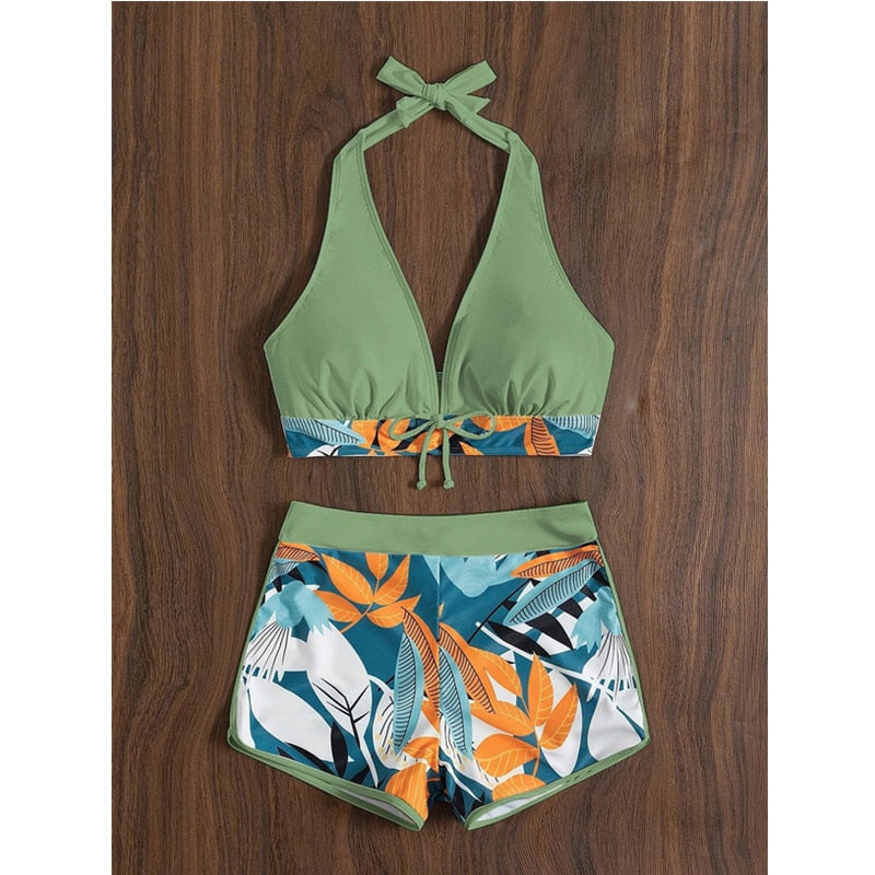 The Clothing Company Sydney 2-piece bikini set with lace print, high waist, halter top, deep V-neck, and backless push-up design.