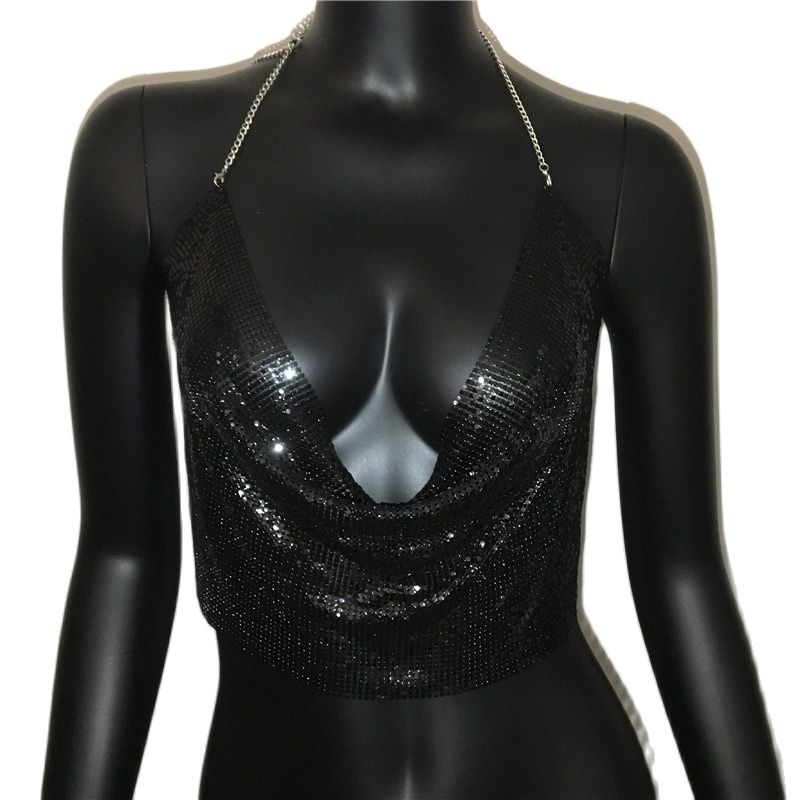 Gold and silver sequined metal tank top by The Clothing Company Sydney, backless cropped camisole for summer beach and club wear.