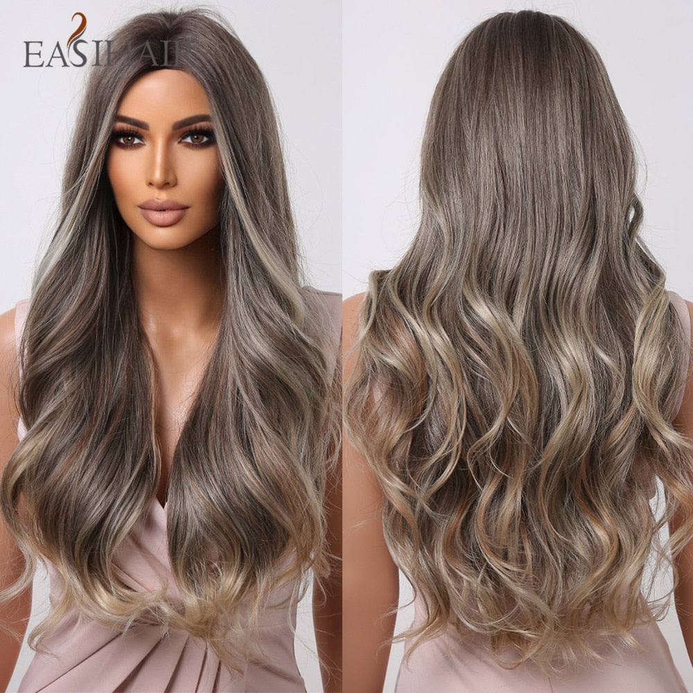 Long wavy synthetic wig with ombre brown gray ash tones, middle part, suitable for daily wear or cosplay, by The Clothing Company Sydney.