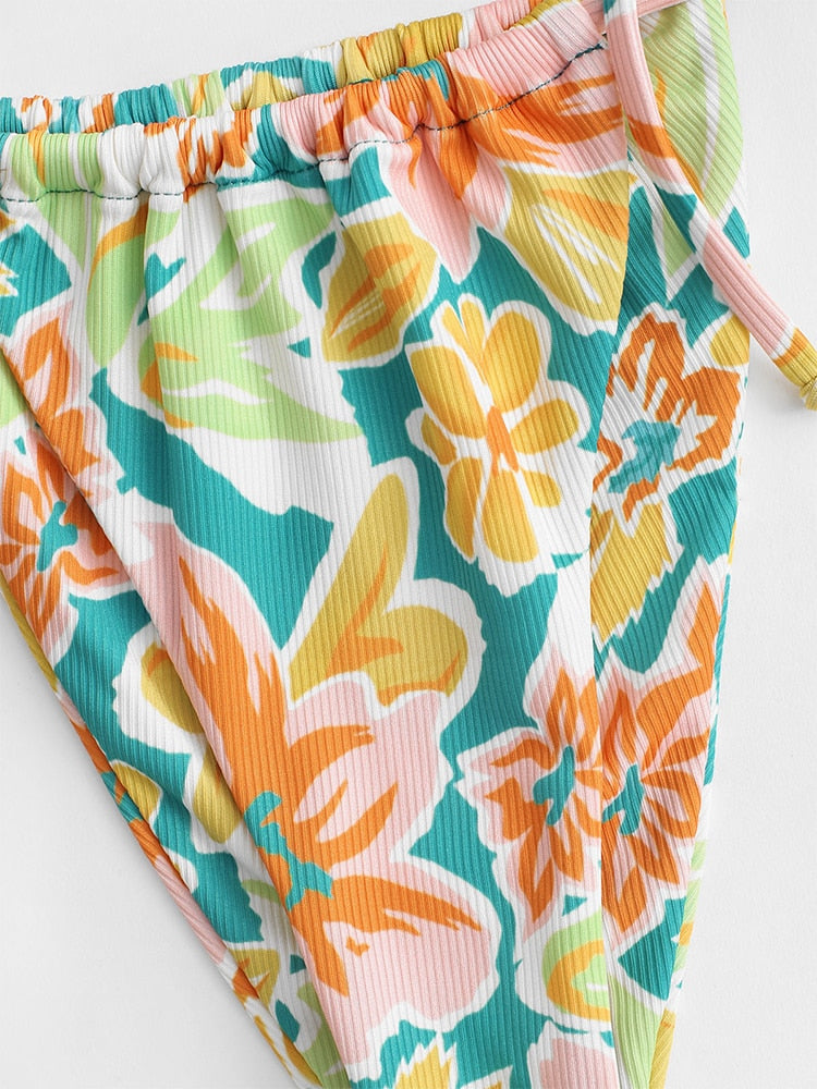 Ribbed flower print tie side bikini set by The Clothing Company Sydney, featuring low waist and padded swimwear design.