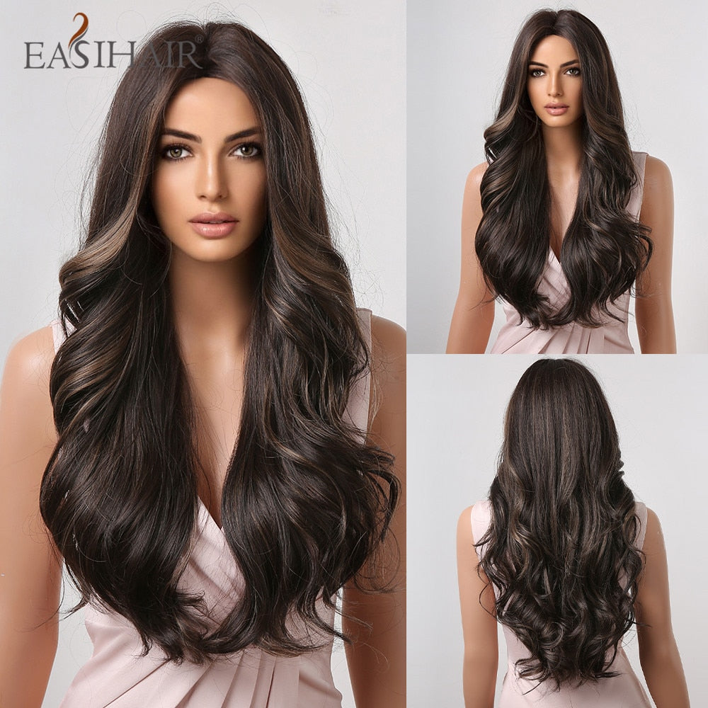 Long wavy synthetic wig in brown and blonde with bangs, heat-resistant, for women’s daily wear and cosplay by The Clothing Company Sydney