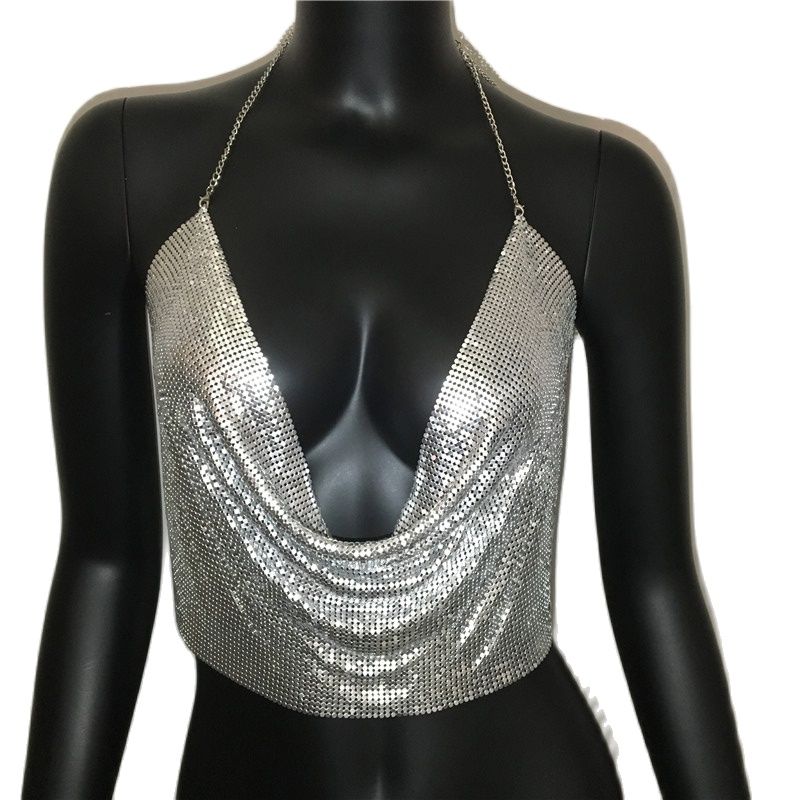 Gold and silver metal sequined tank top from The Clothing Company Sydney, backless, cropped, glitter beach club summer wear.