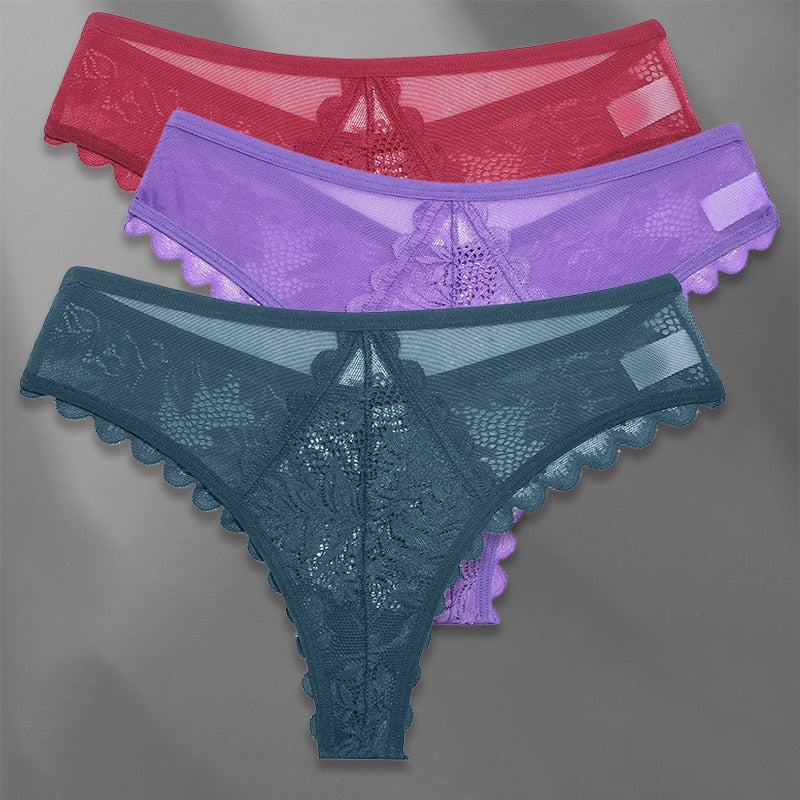 Three pack of lace G-string panties from The Clothing Company Sydney, soft lingerie thongs in a sleek, feminine design.