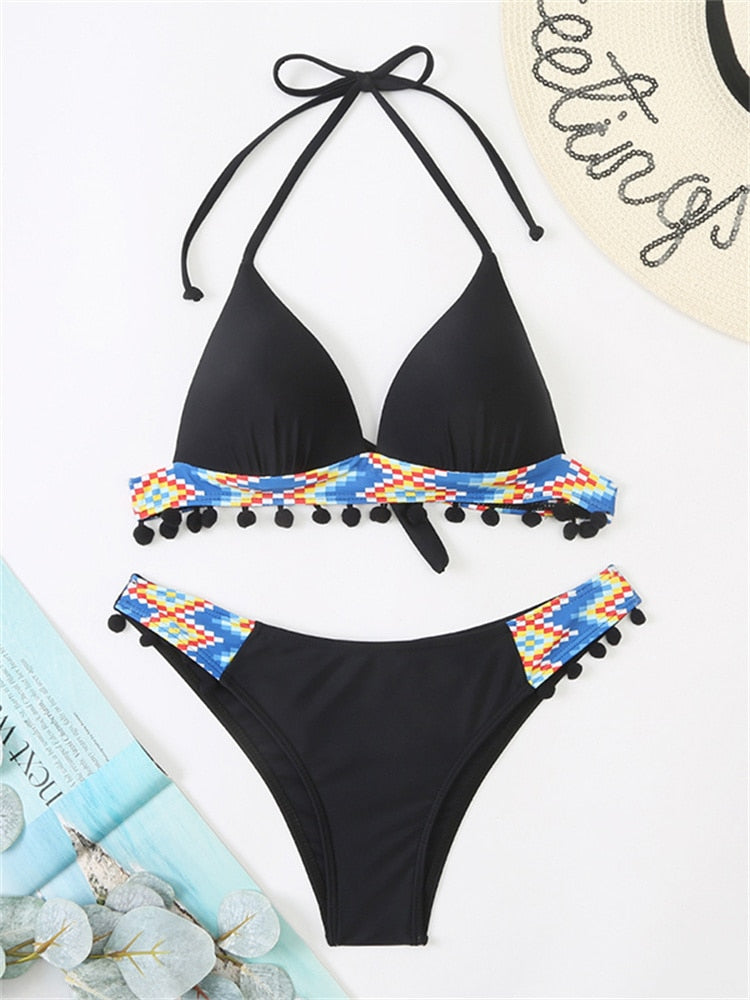 Black leopard print bikini set with tassels, push-up design, and Brazilian style, perfect for summer beachwear and swimming.