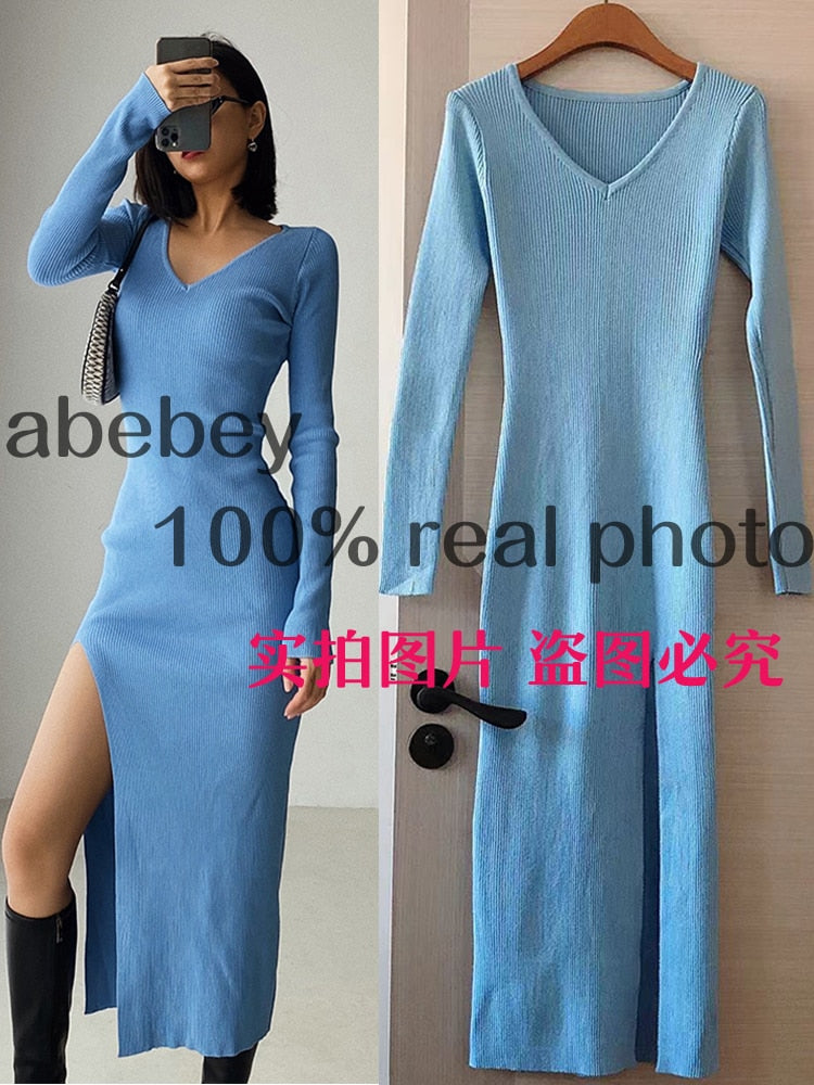 Slim fitting long sleeve slit sweater dress by The Clothing Company Sydney, over-the-knee knit dress with a stylish slit detail.