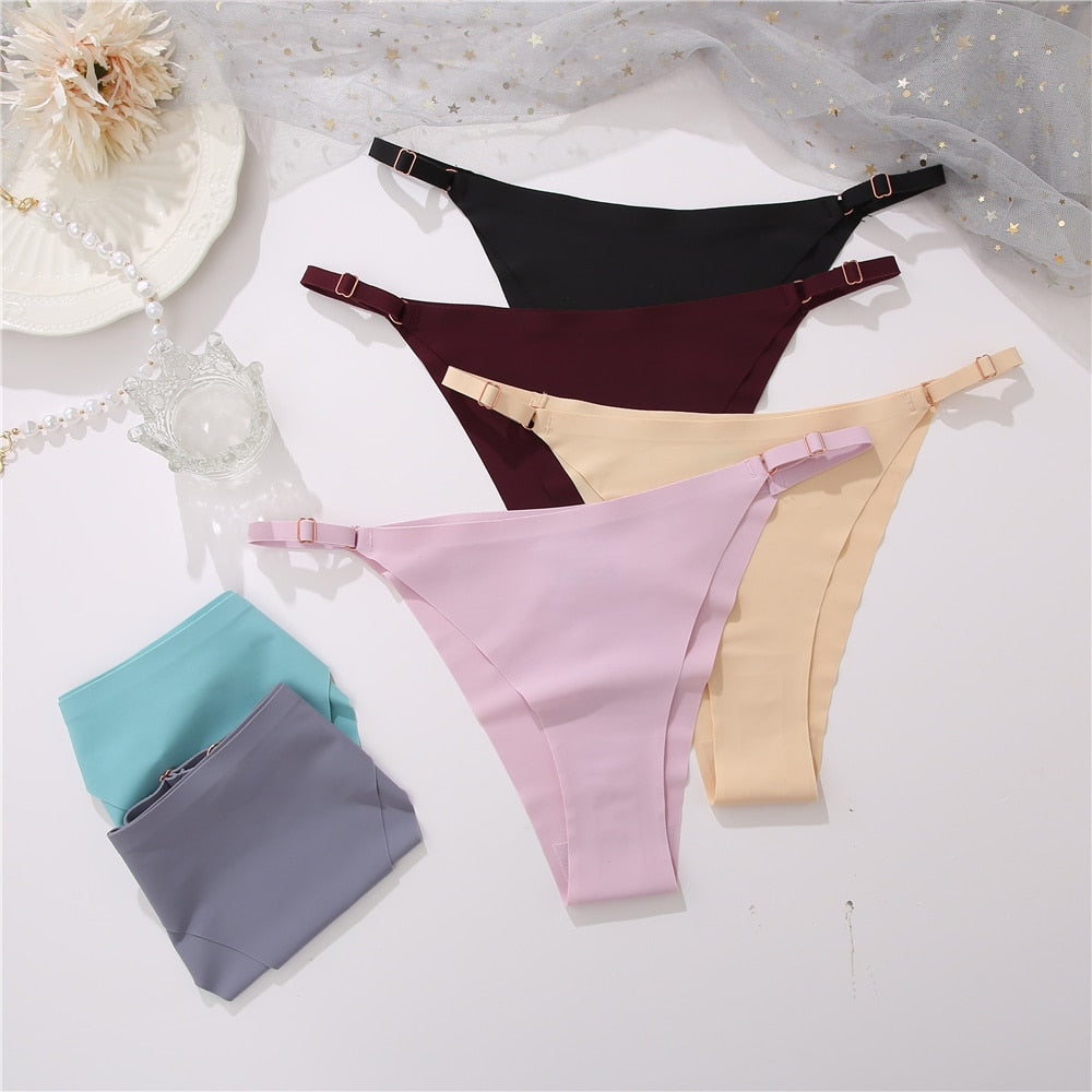 Two seamless silky G-string thongs from The Clothing Company Sydney with low rise design and adjustable waistband straps.
